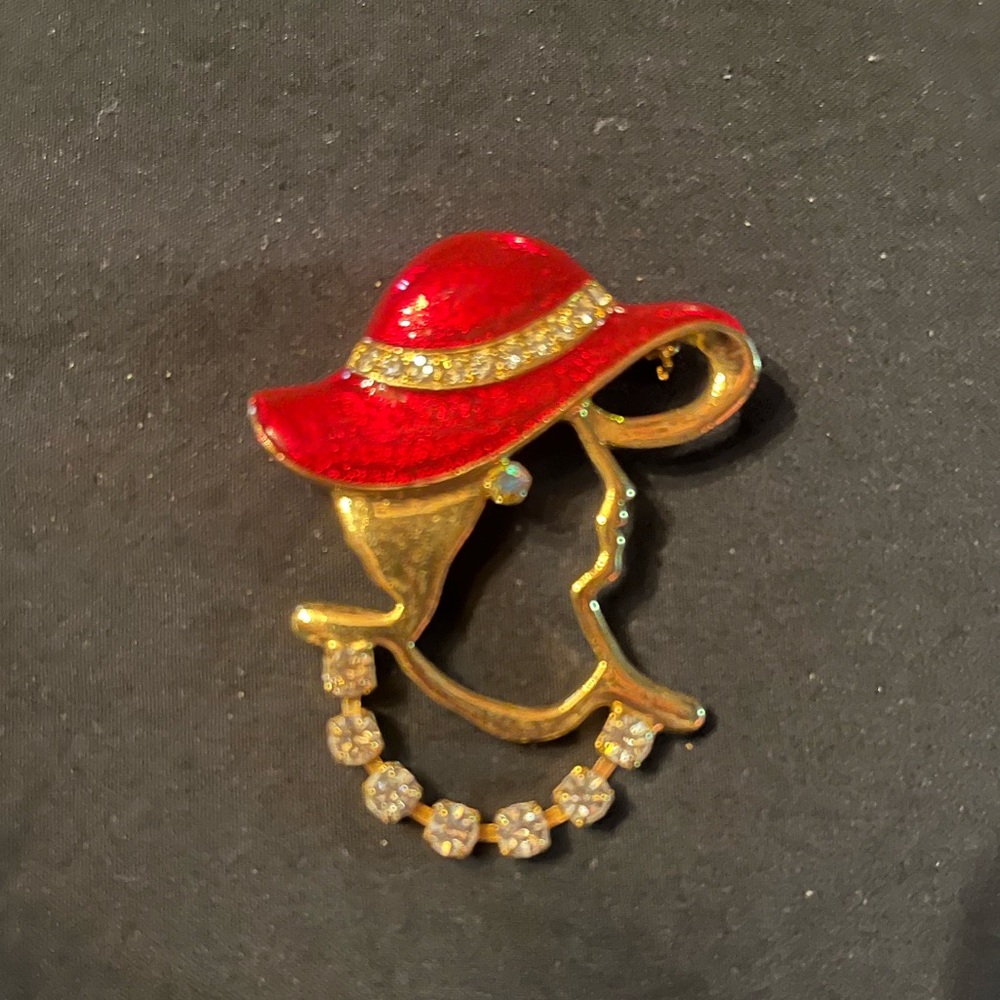 Vintage Unique Lady in Profile Brooch with Red enamel and dangling rhinestones